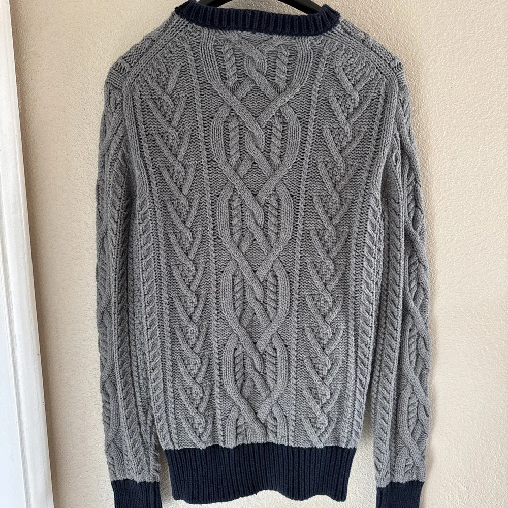 J.Crew Sweater Men Size M Gray Navy Cotton Triple Cable Knit Fisherman Sailing‎